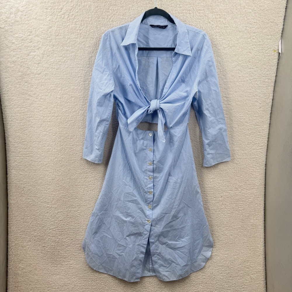 Zara Tie Front Cotton blend Blue white Striped Dress Size M